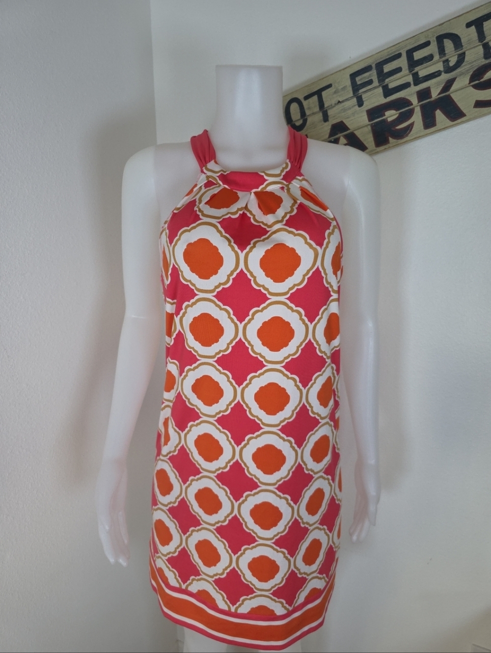 Mud Pie S Halter neck Tie Back dress Pink Orange Retro Geometric 60's Mod Inspo